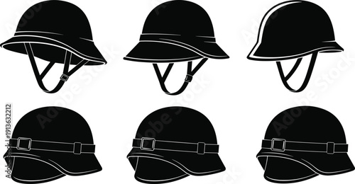 Military helmet set vintage army steel headgear black silhouette vector illustration isolated protective equipment collection on background