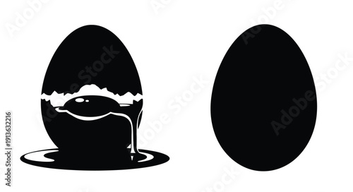 Two black egg shapes one cracked open with a flowing yolk silhouette