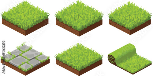 Isometric grass terrain tiles set with lush lawn blocks, stone path ground and rolled turf, perfect for game maps, landscape design and environment assets.
