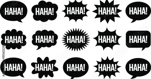 Collection of Black Speech Bubbles with White Text HAHA haha laugh