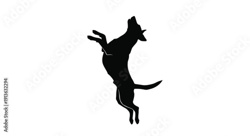 A dynamic black silhouette of a jumping canine full body silhouette