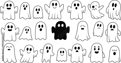 Collection Of Cartoon Ghosts With Different Expressions On White Background cute happy