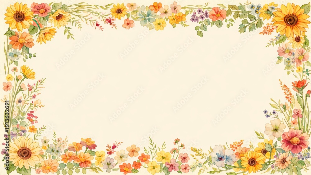 Obraz premium ひまわりと草花の水彩フラワーフレーム背景イラスト