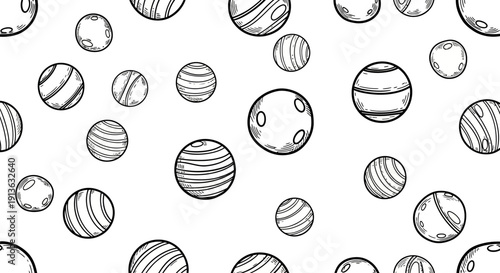 Seamless Pattern of Planets with Texture and Surface Details in Black and White Illustration