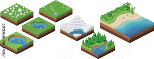 Isometric terrain tiles set with grass fields, rocks, ponds, snowy mountain, forest lake and tropical beach coastline, perfect for game maps and level design.