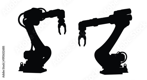 Two industrial robotic arms facing each other black silhouette