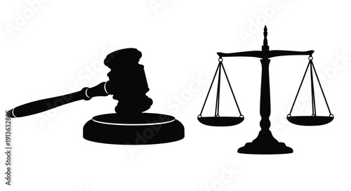 Scales of justice and gavel illustration in black a striking silhouette