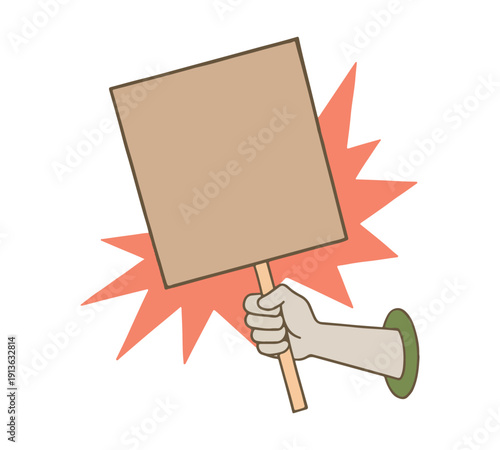Protest Hand Holding Blank Placard Sign with Starburst Background Vector Illustration