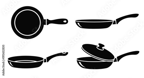 Black cookware set illustration featuring frying pans and a pot silhouette
