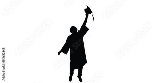 A graduate celebrates with a joyful toss of their cap silhouette