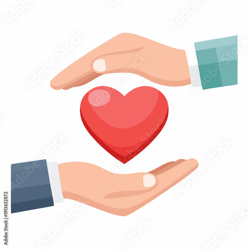 Protecting and caring for a healthy red heart symbol between two hands, symbolizing love, health and well-being in a conceptual illustration
