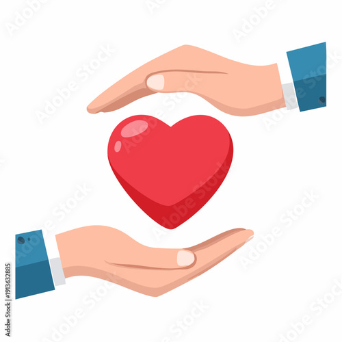 Symbolic illustration of hands gently protecting a vibrant red heart, representing concepts of love, health, care, security, emotional well-being, and vital support for life