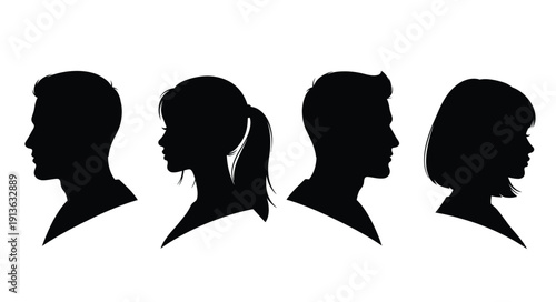 Four profile silhouettes of people showcasing diverse hairstyles silhouette