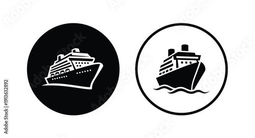 Two cruise ship icons one filled and one outlined in circular frames silhouette