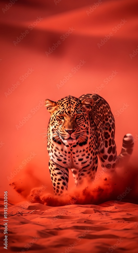 Obraz premium Leopard Running Through Desert Sand Storm.