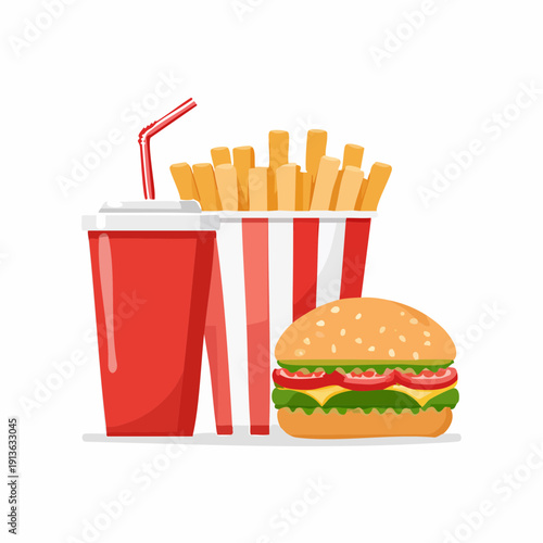 Delicious fast food meal featuring a classic burger, crispy french fries, and a refreshing red soda with a straw, perfect for a quick and satisfying bite
