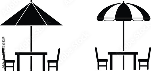 Outdoor table and umbrella silhouette illustration showing patio cafe seating furniture setup for restaurant garden terrace vector isolated background