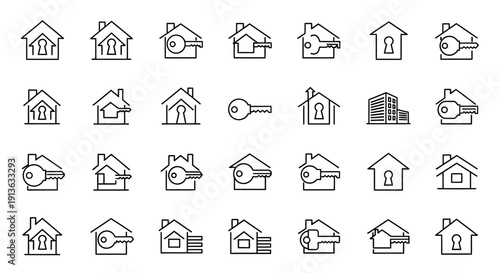 Collection of Minimalist Black Line Art House Icons with Keys and Keyholes