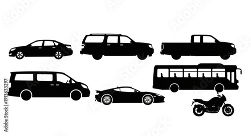 Collection of diverse vehicle silhouettes including cars bus and motorcycle.