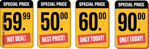 Special price sale label set with discount numbers and promotional stickers, perfect for supermarket pricing, retail marketing, ecommerce offers and advertising banner templates.