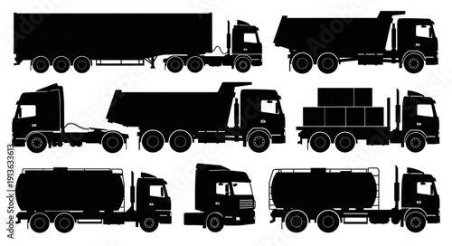 Collection of diverse truck silhouettes for transportation and logistics.
