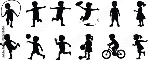 Diverse Silhouettes of Children Engaged in Various Playful Activities and Sports jumping rope