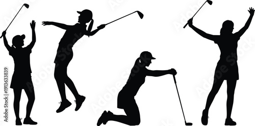 Five female golfer silhouettes in various action poses on a white background woman