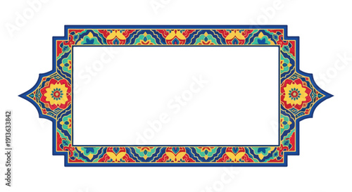 A colorful, cartoon-style rectangular frame with intricate patterns and a white interior, set against a clean white background, featuring a vibrant dragon-inspired design.