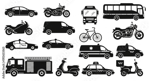 Collection of diverse vehicle silhouettes for transportation concepts.