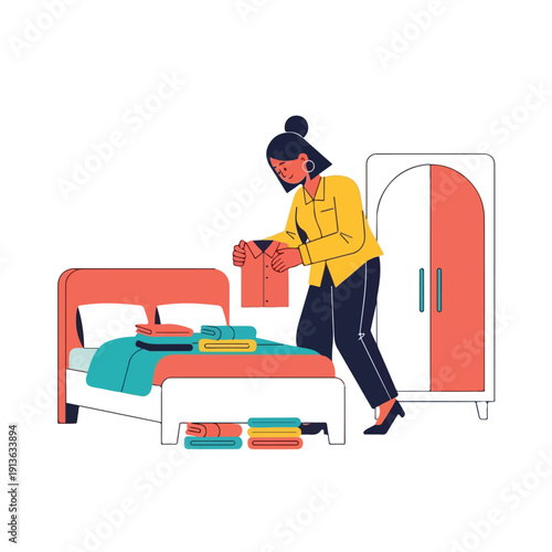 Woman Packing Bag in Bedroom, Travel Preparation Action