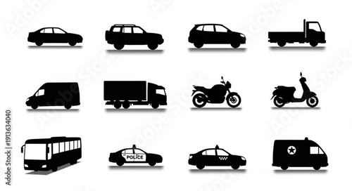Collection of diverse vehicle silhouettes for transportation themes.