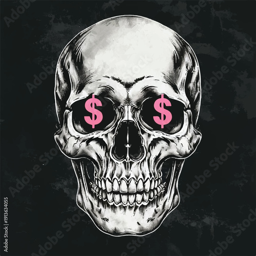 Striking monochromatic illustration of a human skull featuring vibrant pink dollar signs replacing the eyes symbolizing obsession with wealth and materialism in art