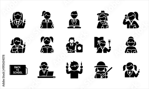 Back to school vector silhouettes set with students, school supplies, and education icons isolated on white background