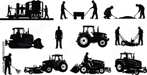 Black silhouette set of agricultural workers, farmers using tractors and lawn mowers, landscaping maintenance staff, isolated vector illustration on white.