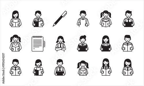 Back to school vector silhouettes set with students, school supplies, and education icons isolated on white background