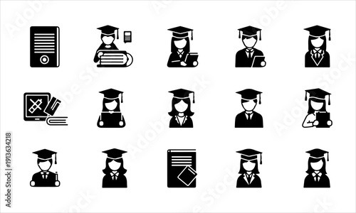 Back to school vector silhouettes set with students, school supplies, and education icons isolated on white background