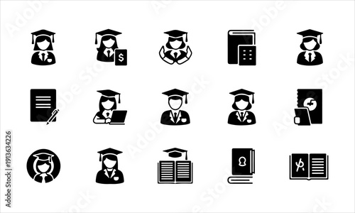 Back to school vector silhouettes set with students, school supplies, and education icons isolated on white background