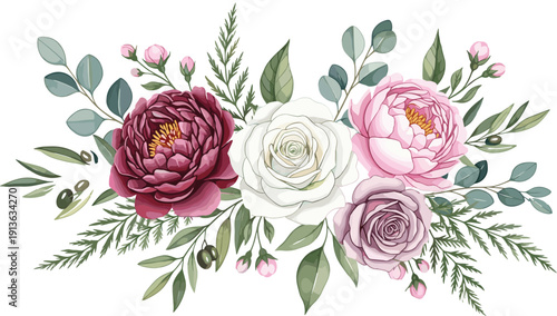Elegant watercolor floral bouquet with pink peonies, white and blush roses, greenery leaves, botanical illustration for wedding invitation, greeting card, and romantic design projects