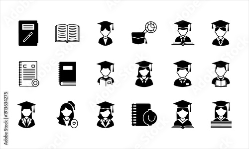 Back to school vector silhouettes set with students, school supplies, and education icons isolated on white background