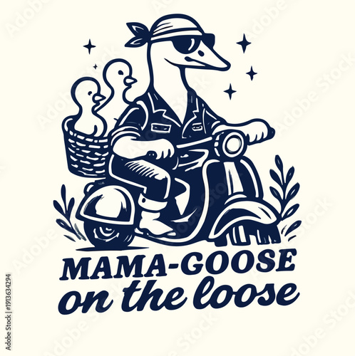 Cool mama goose wearing sunglasses and a bandana expertly rides a vintage motor scooter with two small ducklings safely riding along in a woven basket attached to the back of the vehicle.