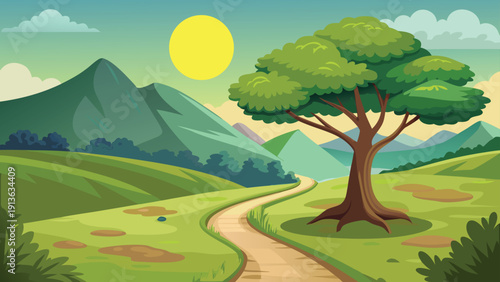 A vibrant cartoon landscape featuring a winding path lush trees and rolling green hills high-quality