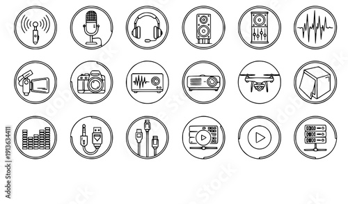 Minimal Black Line Audio Visual Technology Icons in Circular Outline Style