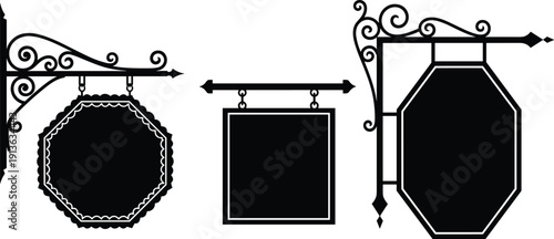 Vintage hanging shop sign silhouette set illustration showing decorative wrought iron signage frames for retail business branding vector isolated background