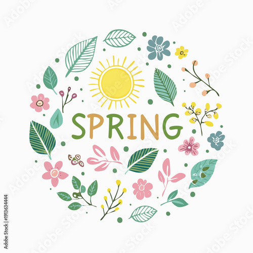 A cheerful hand drawn doodle icon set capturing spring season elements with blooming nature visuals