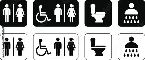 Set of black and white restroom and accessibility icons on white and black backgrounds Keywords: restroom, toilet, shower