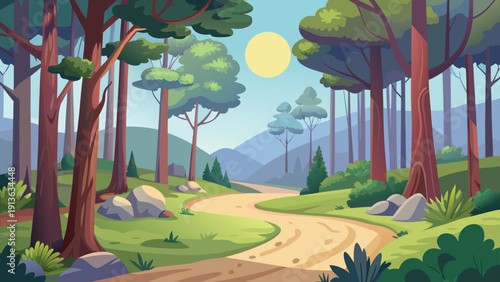 A winding dirt path leads through a lush forest towards distant mountains and a sun