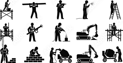 Black silhouette set of construction workers, industrial laborers building walls, welding, using jackhammer and excavators, isolated vector illustration on white.