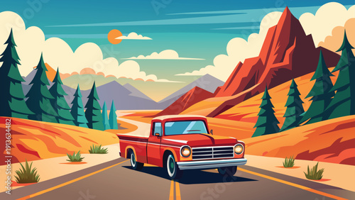 A vintage red pickup truck drives along a winding road through a colorful mountain landscape