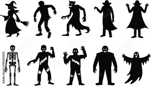 Silhouette Collection Of Halloween Monsters And Skeletons On White Background witch
