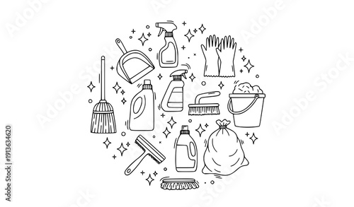 House cleaning doodle symbol set with hygiene equipment and sanitation icons vector illustration